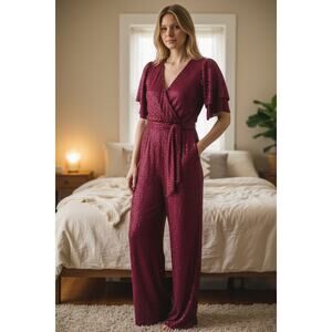 Gigio Burgundy Sequin Jumpsuit with Cloth Belt NWT Size Small